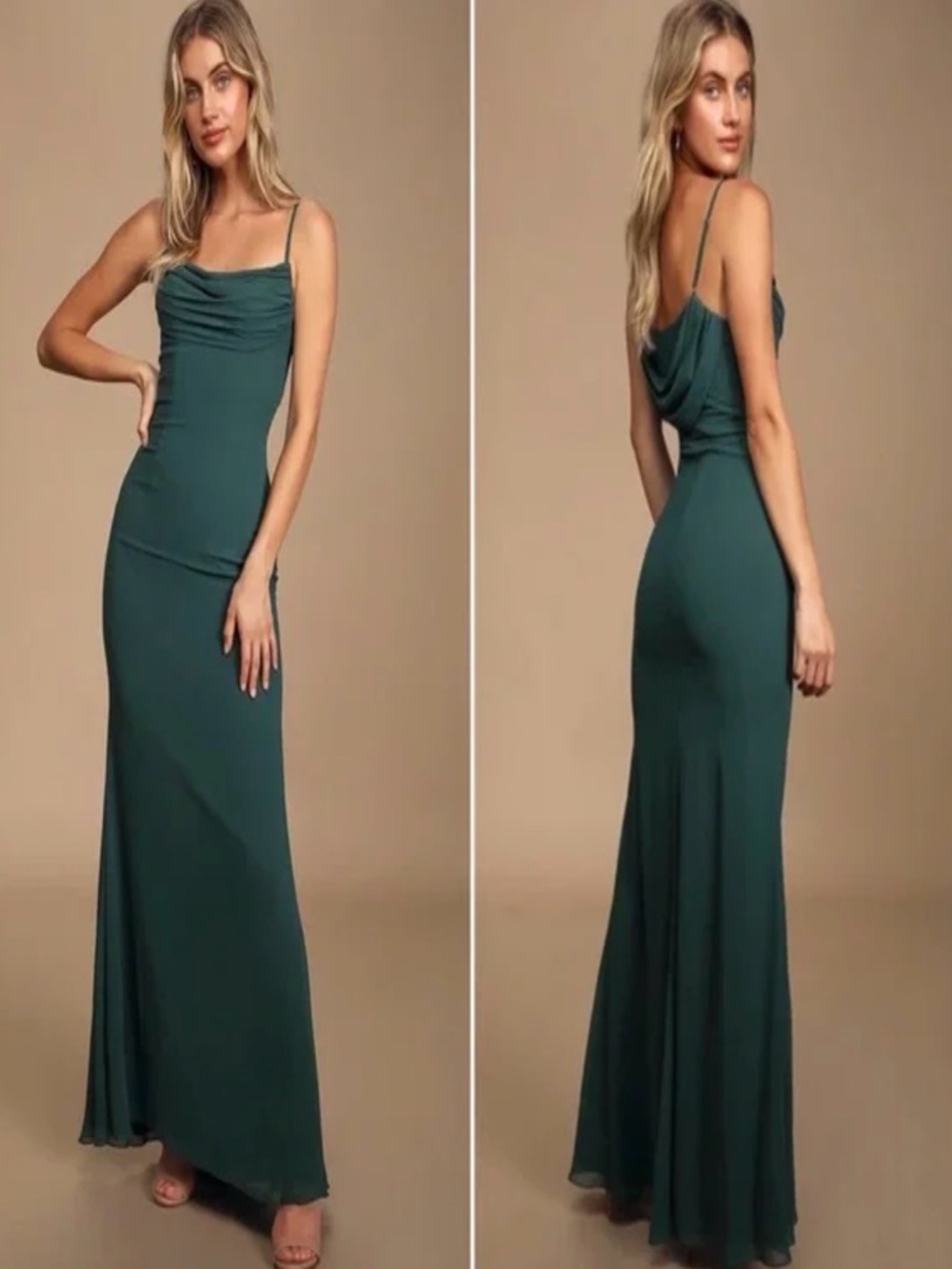 Elegant Forest Green Cowl Neck Maxi Dress cocktail, bridesmaids, Vegas nite out